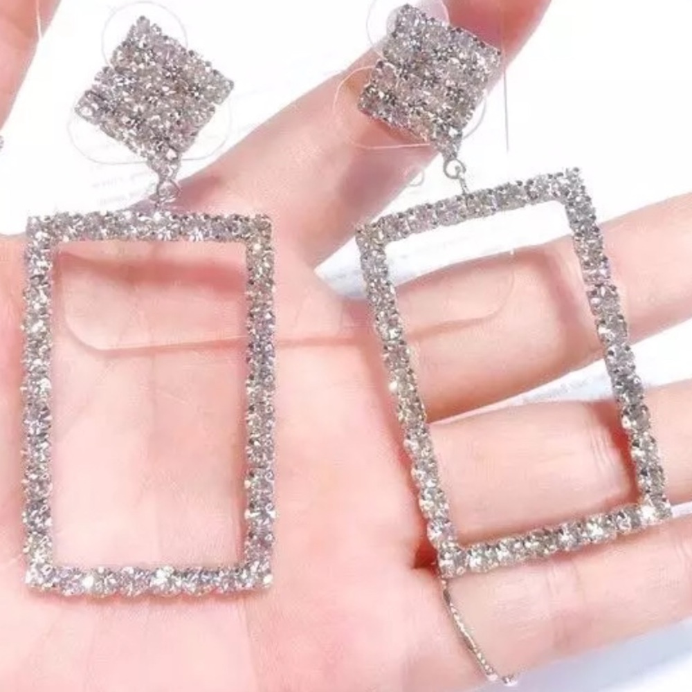 NIB Crystal Rhinestone Square Statement Earrings